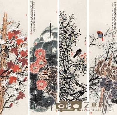 柳学健 花鸟四屏 镜心 139×34cm×4